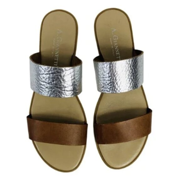 🤍 A Giannetti Bohemian Flat Slide Sandals Double Leather Straps Italy Sz 8 - Picture 1 of 10